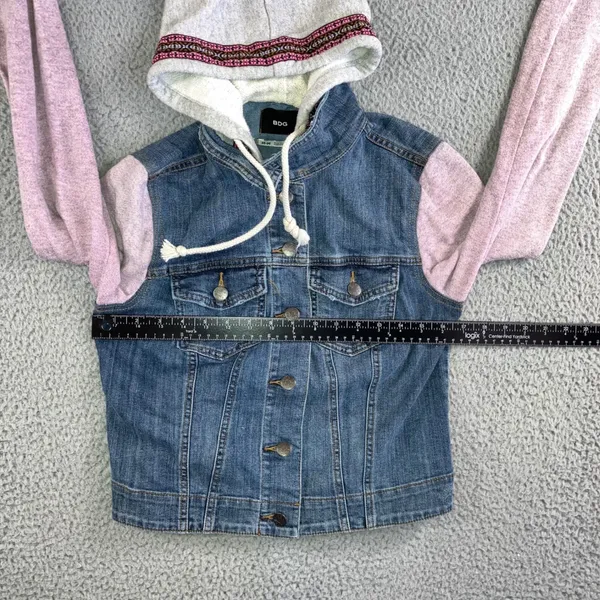 BDG Urban Outfitters Denim‎ Jacket Women Medium Hooded Mixed Media Pink Sleeves - Image 5