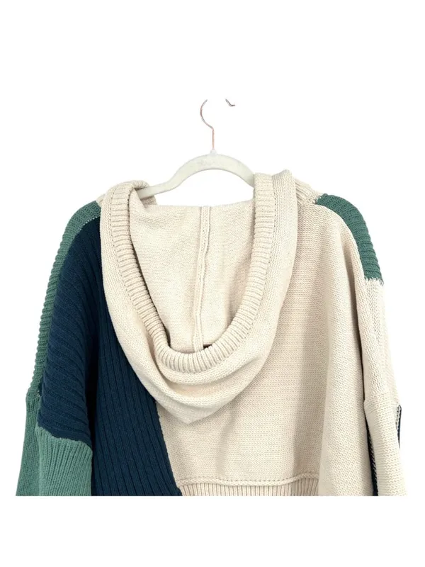 POL Colorblock Knit Hoodie Sweater Patchwork Beige Green Navy Size Small - Image 5