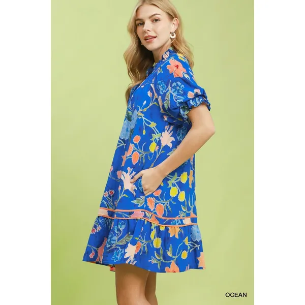 Umgee Floral Ruffle Hem Mini Dress - Ocean - Small - Image 2