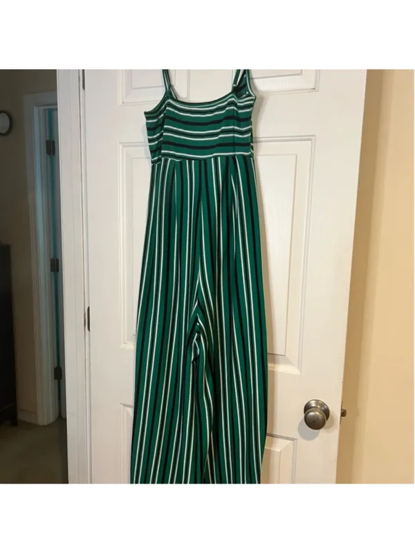 No Comment Wide Leg Green Striped Jumpsuit Adjustable Straps - Image 5