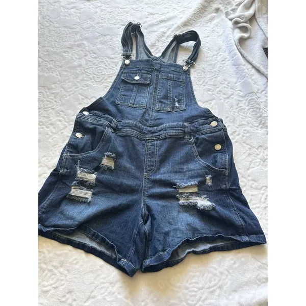 Almost Famous Romper, Women's Size 13 Blue, Denim, Overalls Shorts Distressed - Image 4