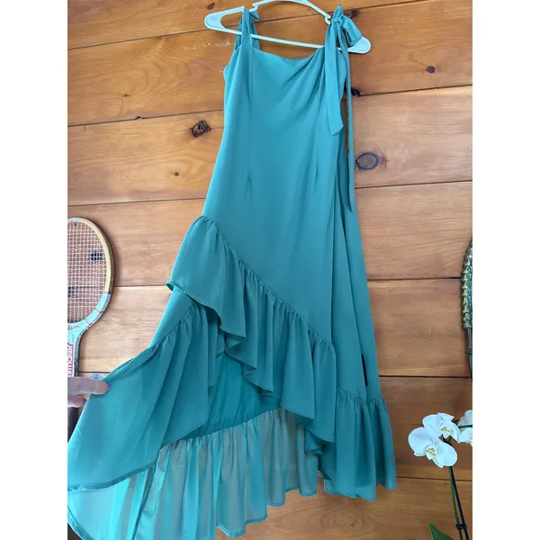 Lulus Tamryn Dark Sage Asymmetrical Ruffled Midi Dress Dance Bridesmaid Medium - Image 4