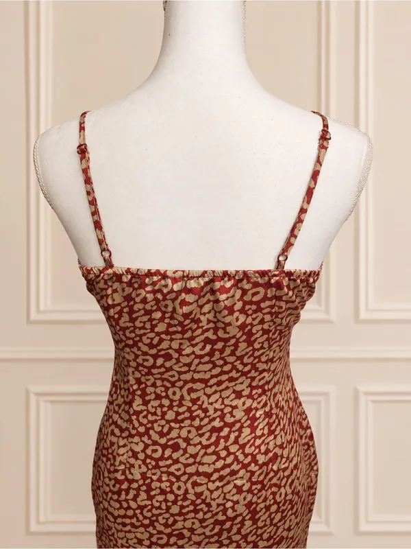 NWOT PrettyLittleThing Red Gold Leopard Satin High-Low Mermaid Maxi Dress US 6 - Image 6