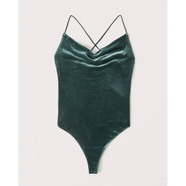 Abercrombie & Fitch Women Bodysuit M Green Velvet Cowl Neck Crisscross Straps - Image 2