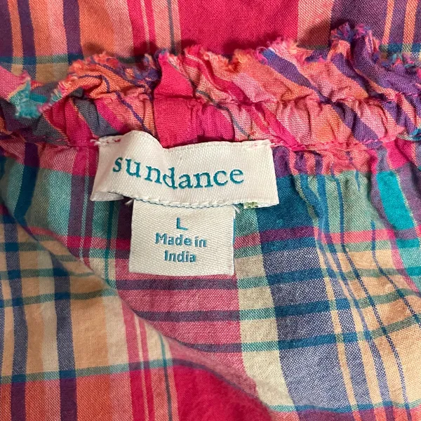 Sundance Tender Plaid tie neck ruffle blouse size large pink blue boho feminine - Image 5