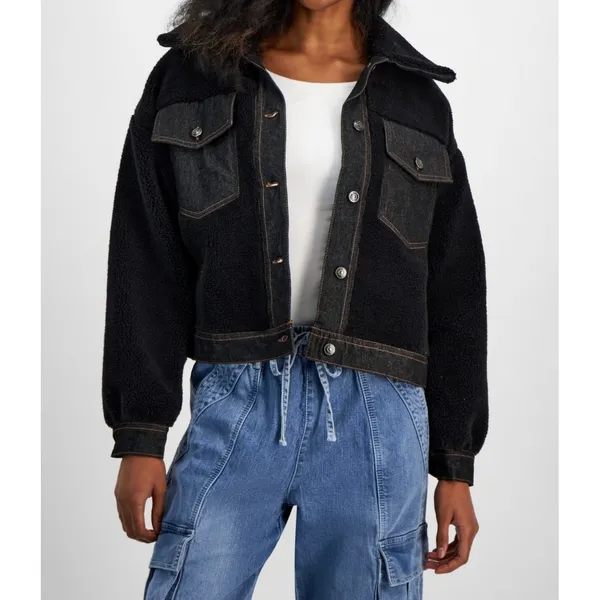 Madden Girl Juniors Denim Sherpa Jacket Size M Black Denim-Trim Fleece Buttons‎ - Image 6