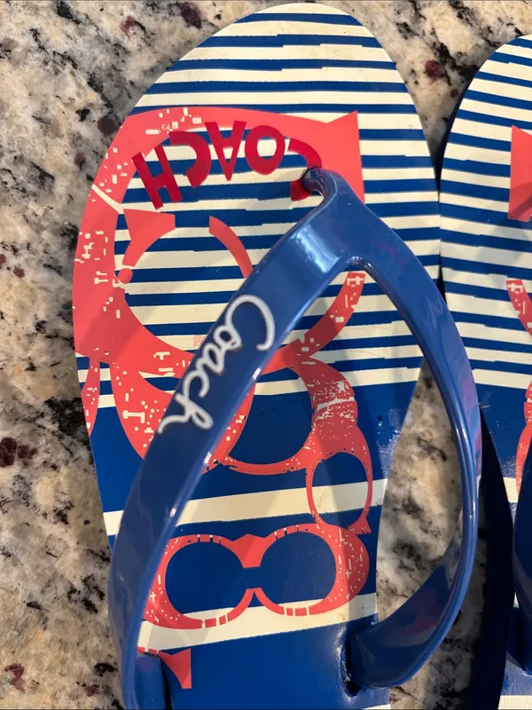 Coach Poppy Navy & Coral Striped Logo Flip Flops - Image 4