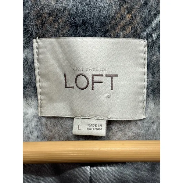 LOFT Womens Large Plaid Wool Blend Coat Stand Collar Full Zip Jacket Gray Brown - Image 7