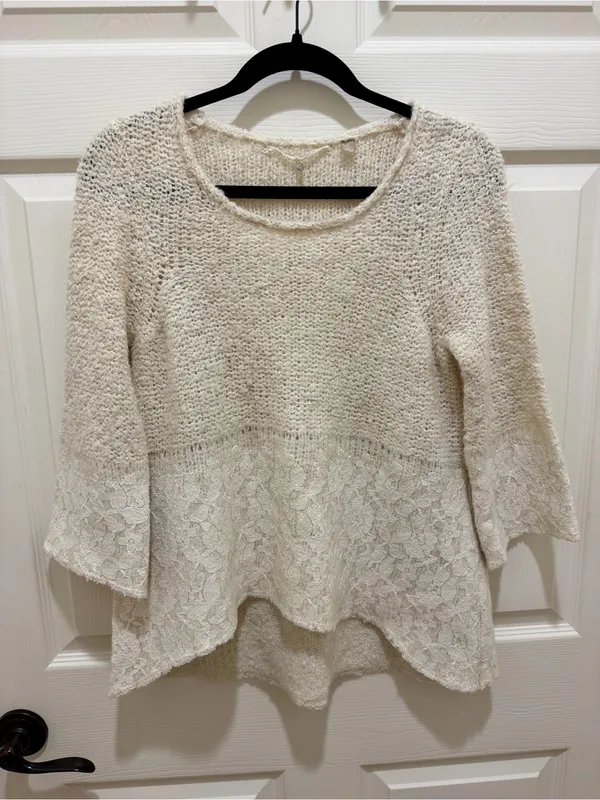 Anthropologie Knitted & Knotted Lace Hem High-Low Knit Sweater Cream Size S - Image 2