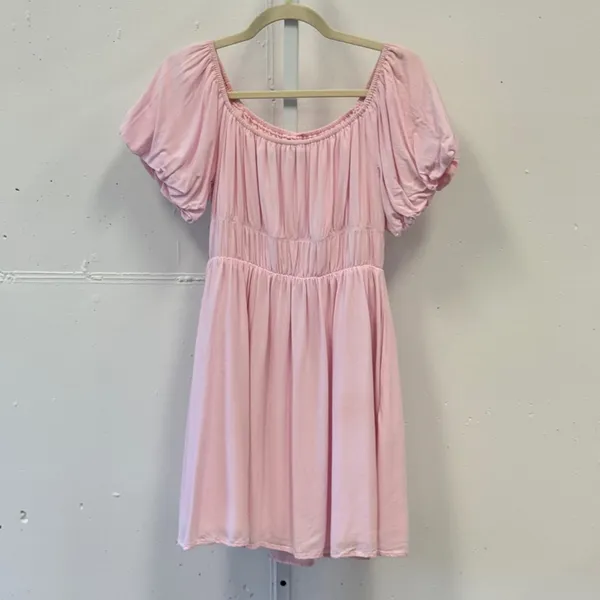 Fashion Pink Puff Sleeve Smocked Waist Mini Dress Cottagecore Pockets Small - Image 2
