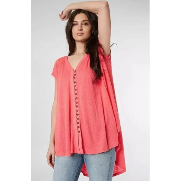 Free People Boho Oversized‎ Lagenlook Highland Tee in Azalea Red XS Xsmall - Image 2