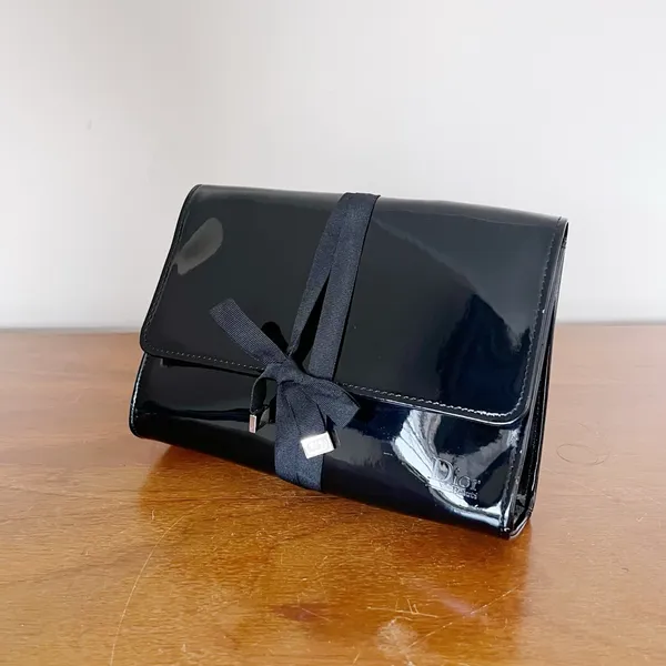 Dior • black patent leather cosmetic bag clutch pouch makeup case ribbon tie - Image 2