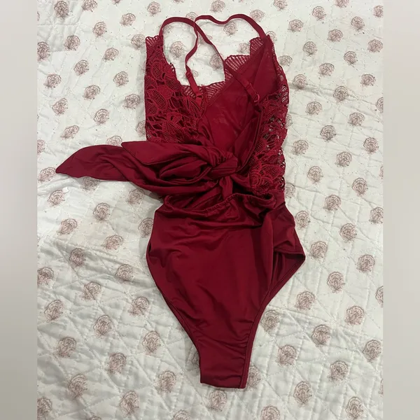 S/M Red Lace tie up Bodysuit Size M - Image 2