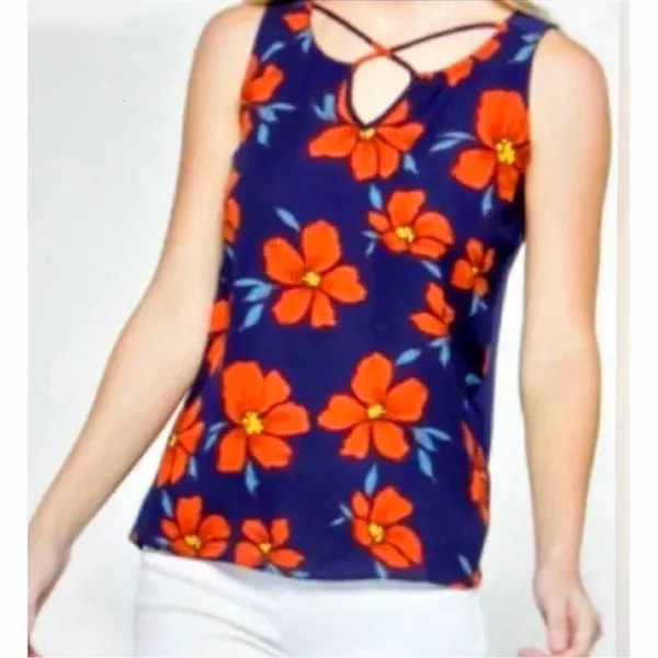 Fortune + Ivy Kason Split Neck Sleeveless Blouse Blue Red Floral L - Image 3