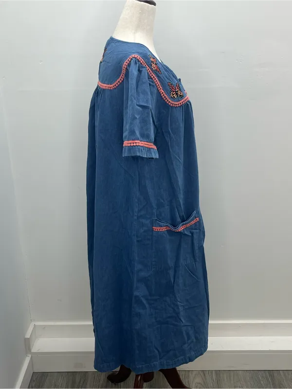 Go Softly Patio Blue Denim Butterfly Embroidered Dress House Duster Medium - Image 9