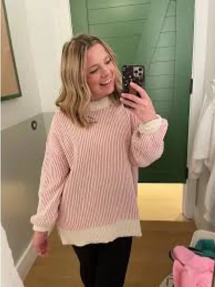 Aerie Beyond Chenille Pink & Cream White Sweater Ribbed Oversized Medium - Image 11