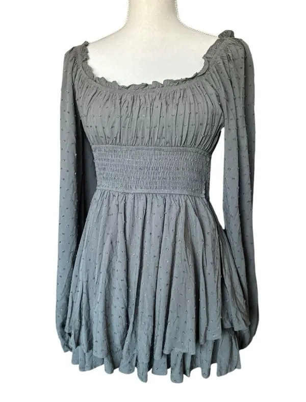 #13 NWOT Urban Outfitters Clip Dot Smocked Long Sleeve Romper in Olive - Image 6