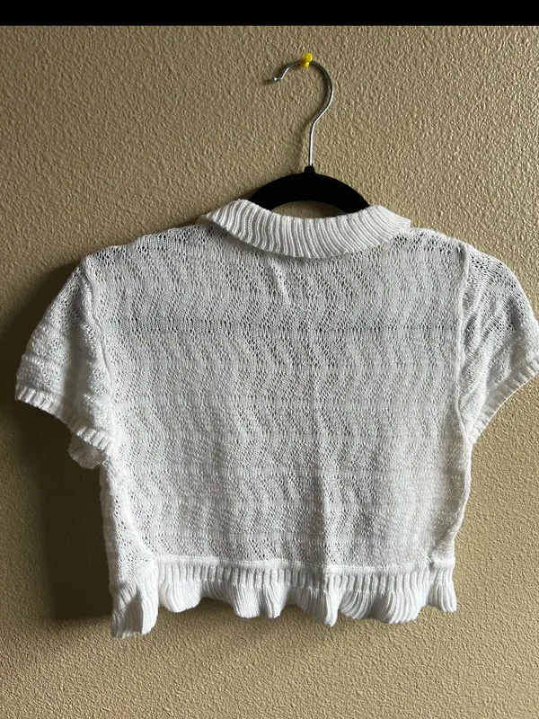 White Crotchet Cottagecore boho cropped cardigan open‎ size medium y2k - Image 3