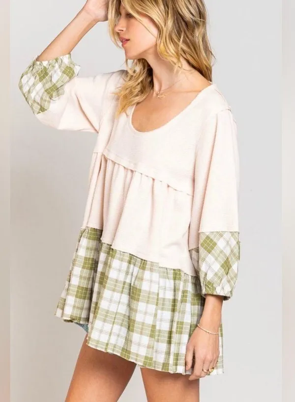 Shades Of Fall 3/4 Sleeve Plaid Rib Knit Tiered Tunic Balloon Sleeve Women’s Med - Image 3