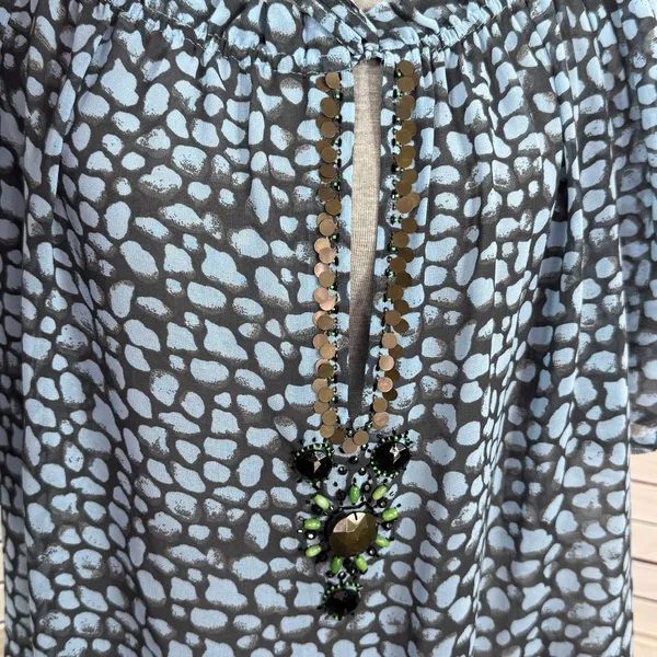 Moda International Printed Beaded Sheer‎ Peasant Blouse Blue Black Medium - Image 6