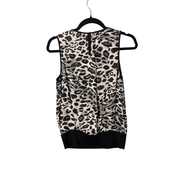 Ann Taylor Womens Silk Blouse S Grey Leopard Print Merino Wool Trim Mob Wife - Image 2
