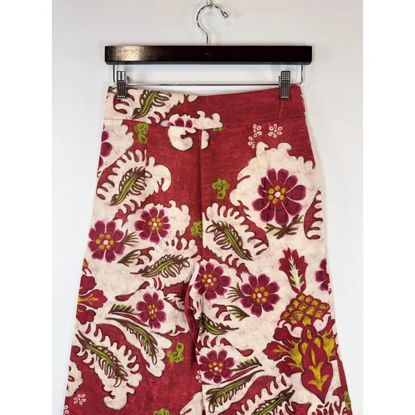 ZARA Womens Pants Red Floral Wide Leg Linen Blend Pleated Trouser Boho Small - Image 12