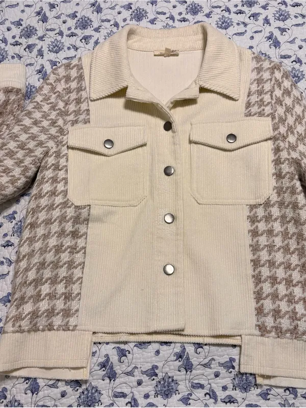 Mystree Corduroy Jacket S Cream Herringbone Mixed Media Utility Shacket fall - Image 8