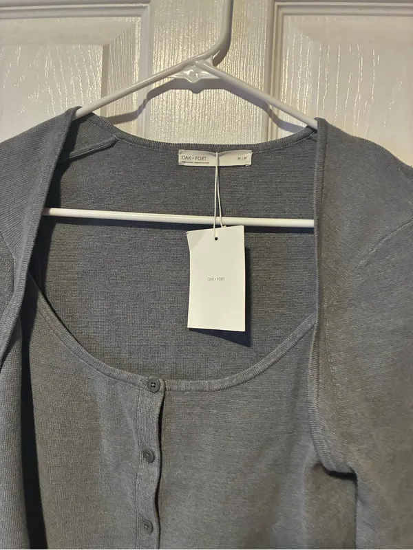 Oak Fort BUTTON FRONT SQUARE NECK SWEATER size medium minimalist Gray - Image 3