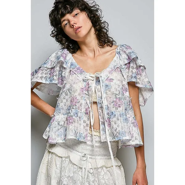POL Lace Detail Floral Tie Front Ruffle Short Sleeve Blouse -‎ Off White - Large - Image 5