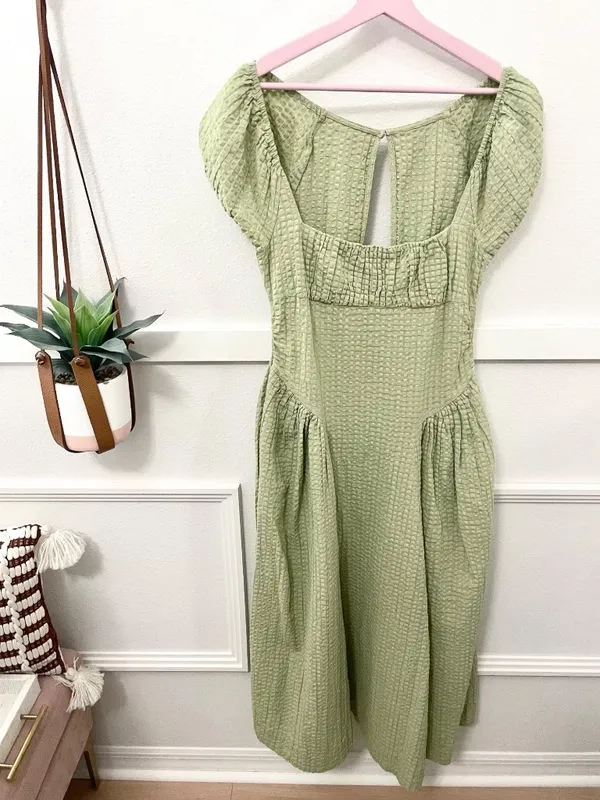 Free People Free-est Ciara Pucker Check Midi S Milkmaid Olive Sage Cottagecore - Image 2
