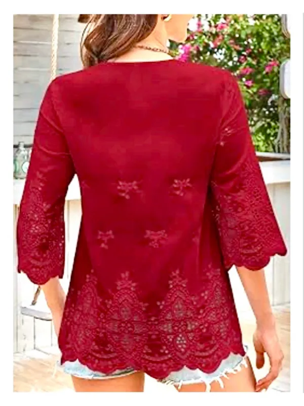 NEW Classic Red 3/4 Length Sleeve Eyelet Blouse Peasant Flowy Boho Top M - Image 2