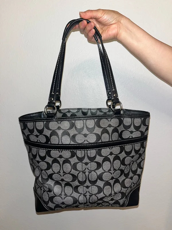 Coach Signature Stripe Tote Black Gray Canvas Leather Shoulder Bag - Image 3