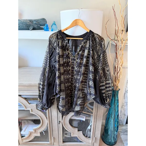 Free People New Romantics Palacio Blouse Womens Black‎ Gold XS - Image 3