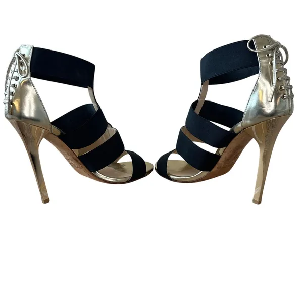 Jimmy Choo Dario Black Ladder Strap‎ Gold Heel Sandals Size US 8, IT 38 - Image 5