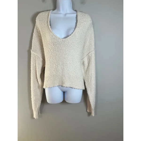 We The Free Free People Theo V Neck Sweater Cream Textured Knit XL OB1368374 - Image 5