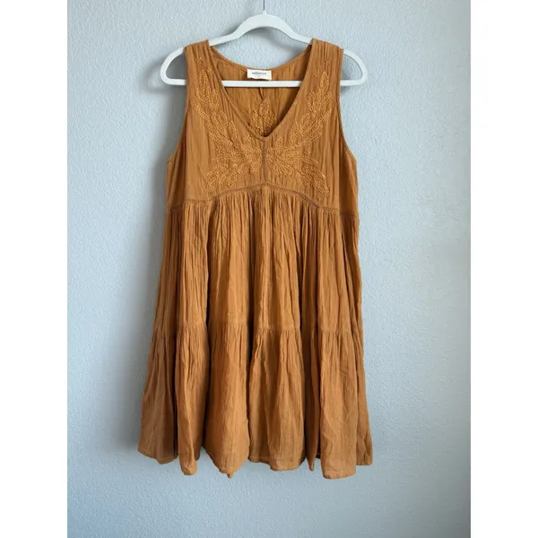 Talisman Athena Embroidered Mini Dress Large Mustard Yellow Boho Tiered Festival - Image 10