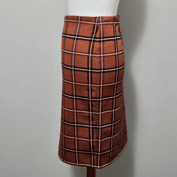 LOFT Outlet Orange & Brown Windowpane Plaid Aline Skirt Size Large Academia - Image 3
