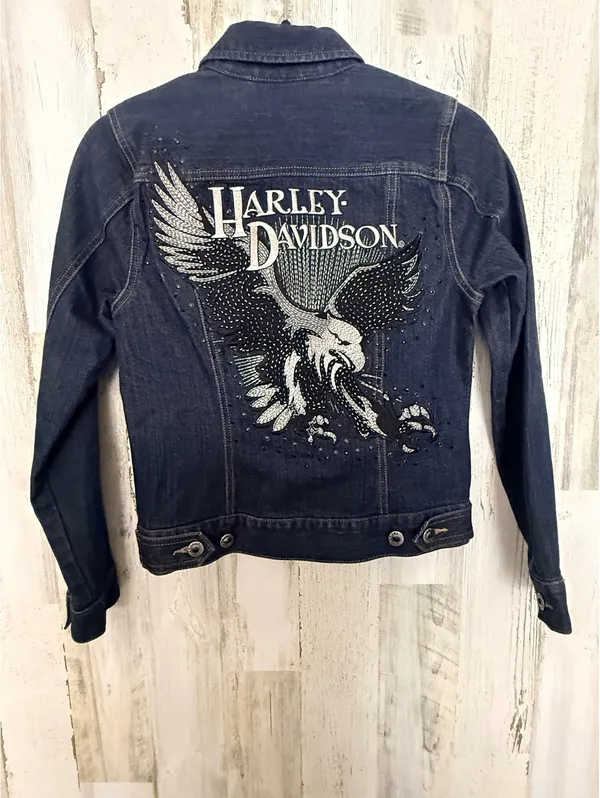 Harley-Davidson Women’s XS Denim Jacket Eagle Rhinestone Embroidered Moto - Image 4