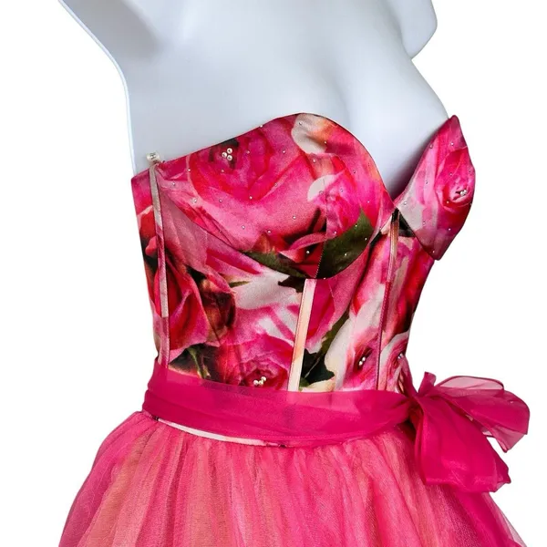 Sherri Hill Y2K VTG Bright Pink Floral Silk Tulle Tutu Prom Dress Size 4 - Image 7