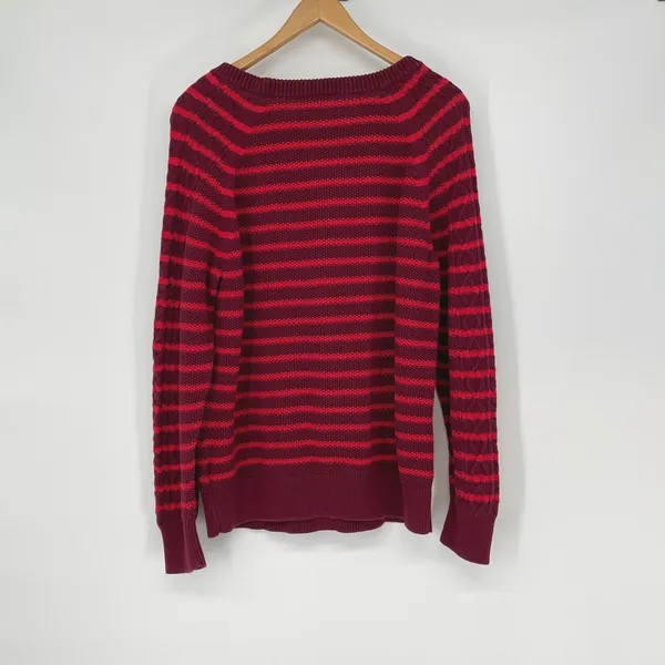 GAP Red Burgundy Striped Cable Knit Long Sleeve Crew Neck Sweater Size XL Cozy‎ - Image 2