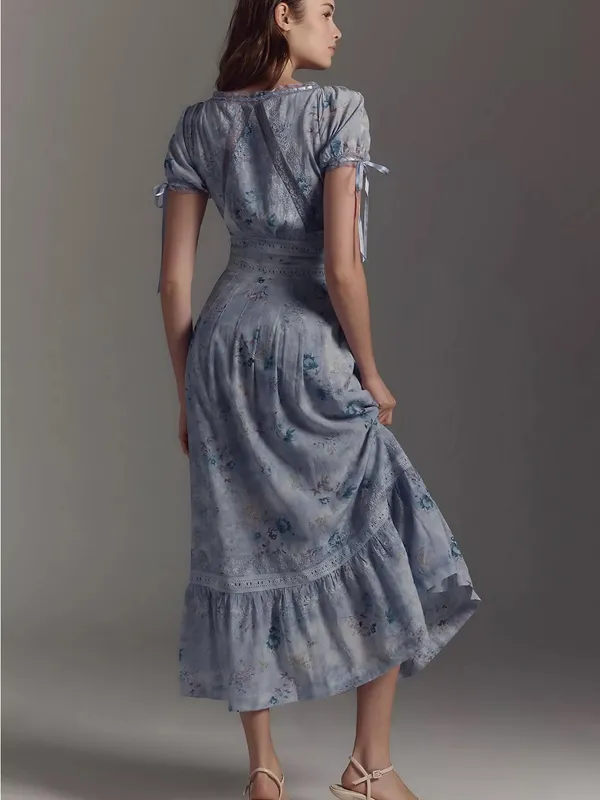 Anthropologie Lace Trim Floral Maxi Dress Large NWT Blue Cottagecore - Image 3