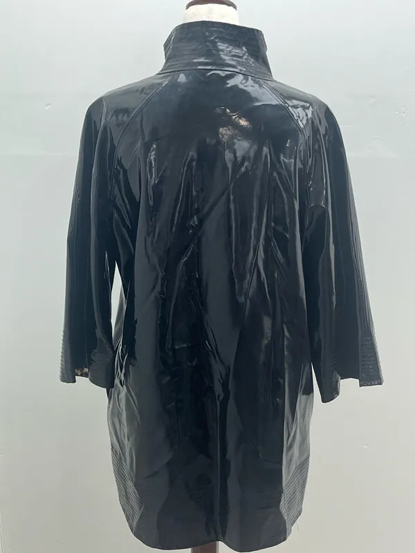 WD NY Black Patent Leather Faux Vinyl Leopard Print Lining Trench Coat Size 8 - Image 5