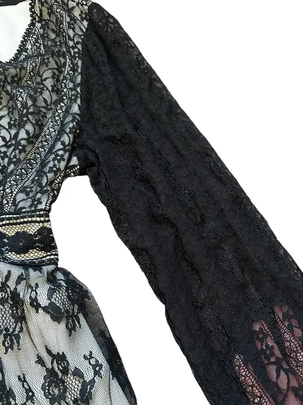 Vintage Black Lace Mesh Babydoll Top Sheer Sleeves Tie Back Y2K Goth Dark Fairy - Image 4