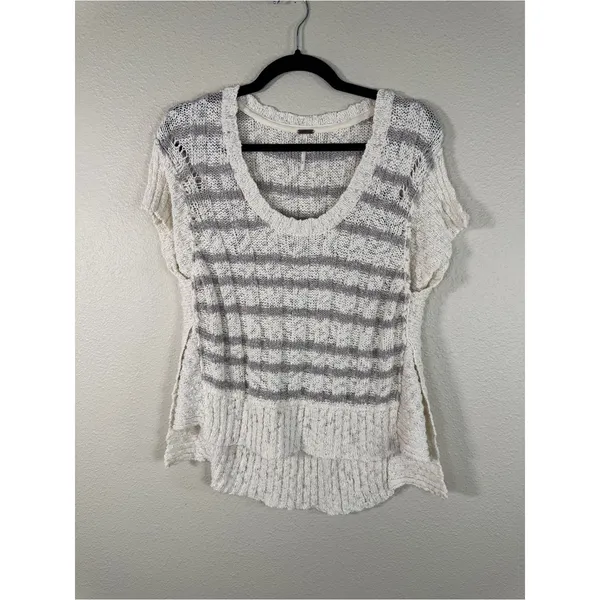 Free People Cream Grey Striped Chunky Knit Sweater Womens S Beachy Boho Summer - Image 10