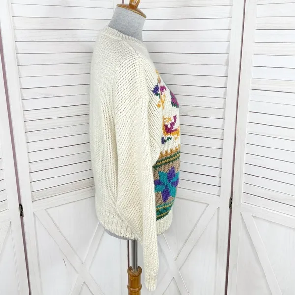 Vintage Rafferty 80s‎ 90s Floral Chunky Knit Sweater Ivory Large Crewneck - Image 3