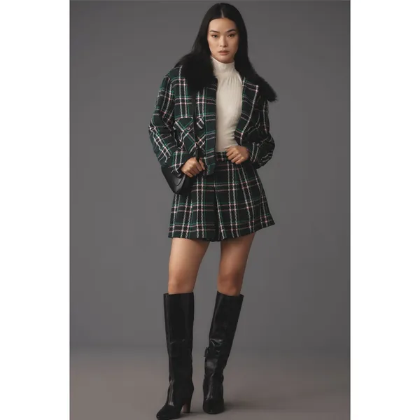 Maeve Anthropologie Plaid Faux Fur Collar Cropped‎ Jacket Green L NWT - Image 10
