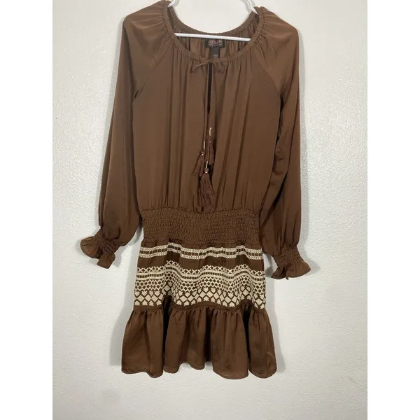 Shyanne Brown Western Embroidered Smocked Mini Dress Long Sleeve Tassels Size M - Image 3