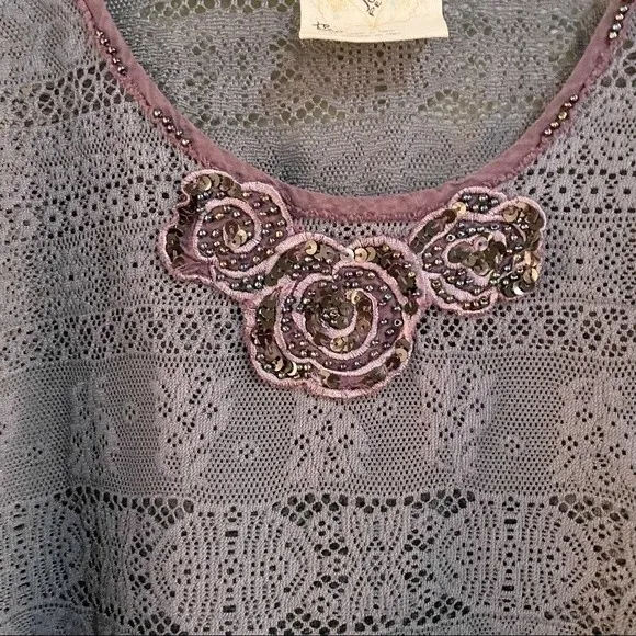 Vintage Free People Cropped Floral Laser-Cut Lace Lagenlook Tank Size XS Purple - Image 4