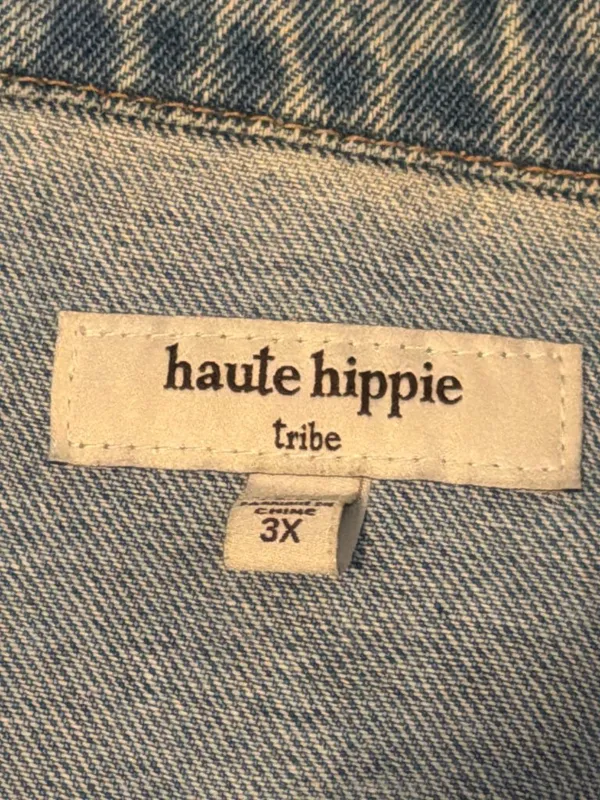 Haute Hippie Tribe Distressed Light Wash Denim Jean Jacket Silver Tone Sz 3X - Image 5