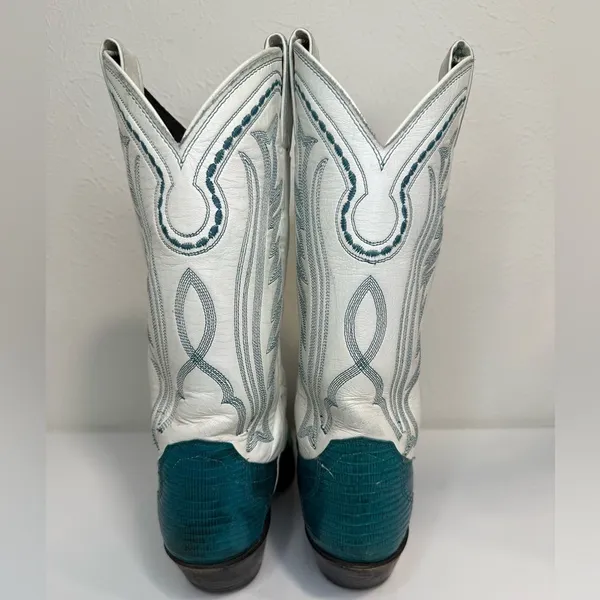 Justin Boots Vintage White Teal Western Cowgirl Boots Lizard Stitch 6.5 RARE - Image 4